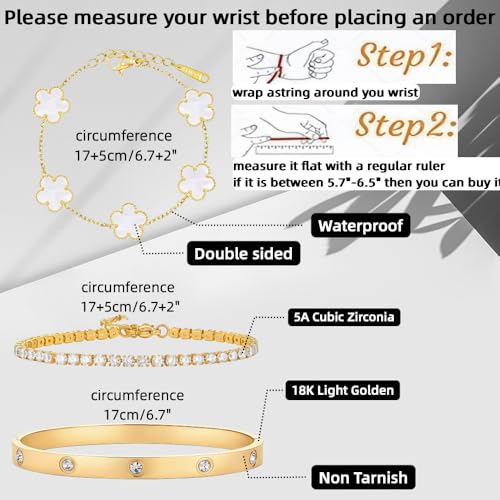 Gold Bracelet Stack,18K Gold Plated Clover Bracelet Love Gold Bangles Tennis Bracelet,3Pcs Gold Bracelets for Women Trendy Non Tarnish Gold jewelry for Women Gift - color: WHITE