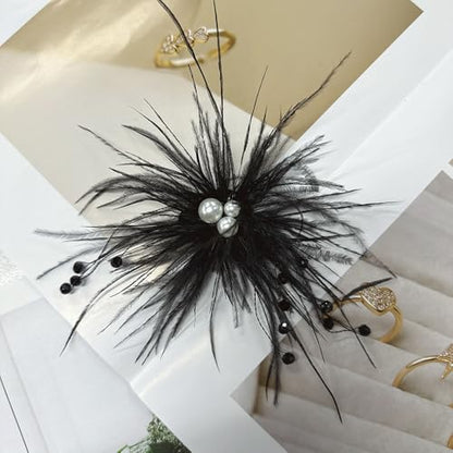Elegant Feather Flower Pearl Cz Large Brooch Pin for Women Men Rhinestone Crystal Floral Lapel Pins Wedding Party Banquet Dress Suit Clothes Accessories Fashion Jewelry 180mm - color: Black