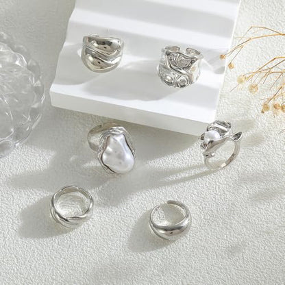Chunky Gold Stackable Rings Set for Women Pearl Flower Rings Sets Dainty Carved Signet Joint Finger Midi Rings Pack Adjustable Chunky Knuckle Ring Statement Stacking Ring Pack - color: D-Silver-6Pcs