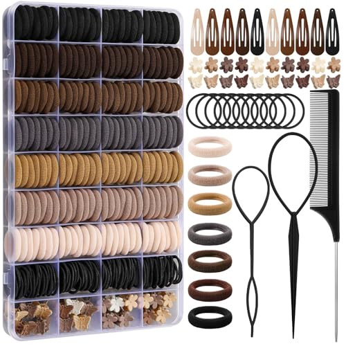 Brown Hair Accessories for Girls - 360 Pieces Cotton Toddler Hair Ties Brown Ponytail Holders, Hair Clips and Hair Tail Tools, Neutral Colors - color: Brown