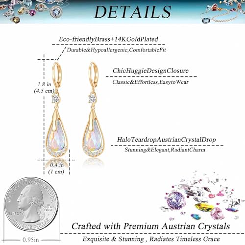 Trendy Austrian Crystal Teardrop Drop Huggie Dangle Earrings for Women 14k Rose Gold Plated Hypoallergenic Jewelry Gifts - color: Aurora Borealis
