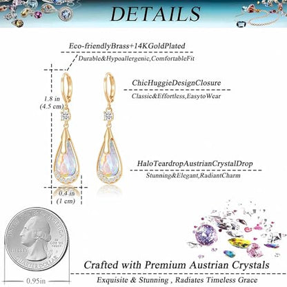 Trendy Austrian Crystal Teardrop Drop Huggie Dangle Earrings for Women 14k Rose Gold Plated Hypoallergenic Jewelry Gifts - color: Aurora Borealis