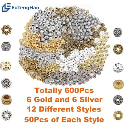 EuTengHao 600pcs Spacer Beads Jewelry Bead Charm Spacers Alloy Spacer Beads for Jewelry Making DIY Bracelets Necklace and Crafting (12 Styles,Silver and Gold)