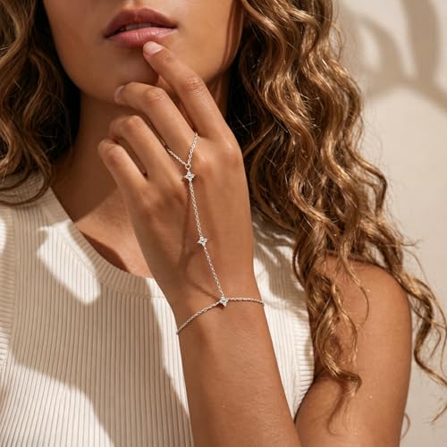 Bracelets for Women, Dainty Gold Silver Ring Bracelet Hand Chain | Cubic Zirconia Pearl Charms, 14K Gold Plated, Adjustable Fit, Trendy Stackable Link Chain, Waterproof Jewelry, Gift for Her - color: Silver-clover hand chain