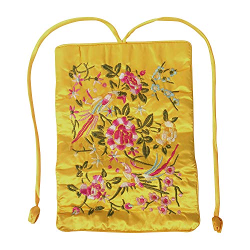 Travel Jewelry Roll Bag - Silk Embroidered Brocade Pouch for Rings, Necklaces, Earrings, Bracelets | Lightweight & Tie Closure (Gold Yellow) - color: Gold Yellow