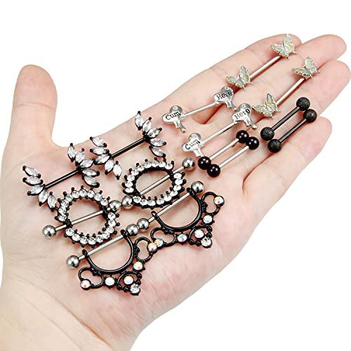 Cisyozi Butterfly Nipple Rings 14G Nipple Piercing Jewelry Stainless Steel Nipple Tongue Ring Barbell Piercing Jewelry for Women 14mm Silver Black Purple Rose Gold 7Pairs - color: 14G(1.6mm) Black Set