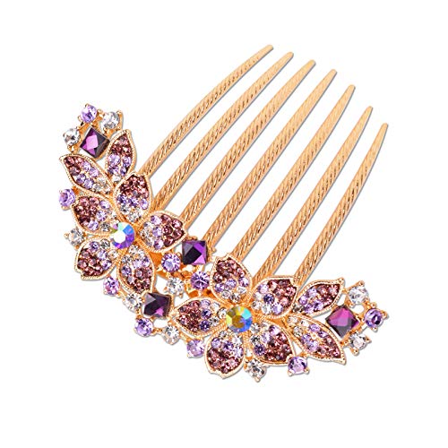 Women Rhinestone Inlaid Flower Hair Comb Hairpin Barrette Accessory,Also Perfect Mother's Day Gifts for Mom (Purple) - color: Purple