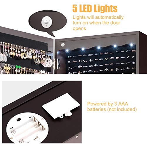 CHARMAID Jewelry Cabinet Armoire, Wall Mount Door Hanging, Lockable Jewelry Organizer with 47.5'' Full Length Mirror, 5 Lights, Large Jewelry Storage Box with 6 Acrylic Drawers (Brown)