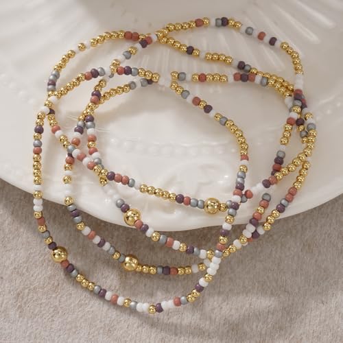 Seed Beaded Stack Bracelets Set for Women,Small Boho 4Pcs Colorful Handmade Dainty Trendy Gold Stretch Accessories Jewelry, Summer Daily Party Friendship Gift - color: Purple Gray
