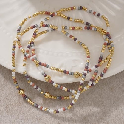 Seed Beaded Stack Bracelets Set for Women,Small Boho 4Pcs Colorful Handmade Dainty Trendy Gold Stretch Accessories Jewelry, Summer Daily Party Friendship Gift - color: Purple Gray