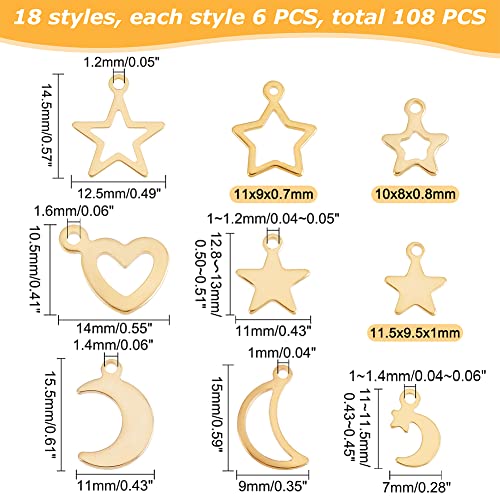 PH PandaHall 108pcs Moon Star Heart Charms, 18 Styles Stainless Steel Star Pendants Crescent Moon Romantic Charms Small Dangle Charm for Mother's Day Necklace Earrings Bracelet Jewelry Making
