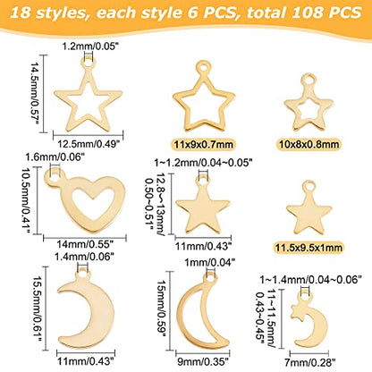 PH PandaHall 108pcs Moon Star Heart Charms, 18 Styles Stainless Steel Star Pendants Crescent Moon Romantic Charms Small Dangle Charm for Mother's Day Necklace Earrings Bracelet Jewelry Making