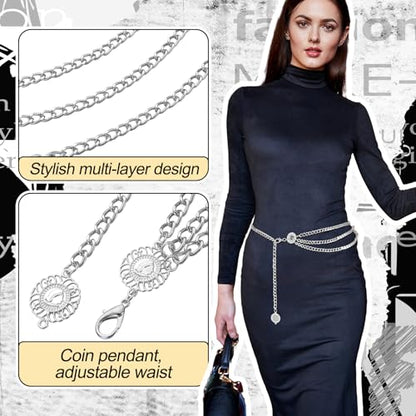 Liliaafar 6 Pcs Gold Silver Waist Chain Belt for Women Multi Layer Sun Metal Adjustable Body Belly Chain for Jean Dress - color: Silver