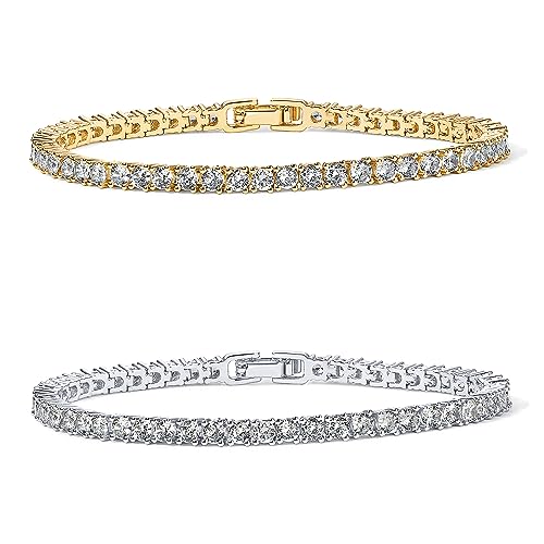 PAVOI 14K Gold Plated 3mm Cubic Zirconia Classic Tennis Bracelet | Gold Bracelets for Women - color: White Gold & 14K Yellow Gold Pack, size: 7 Inches