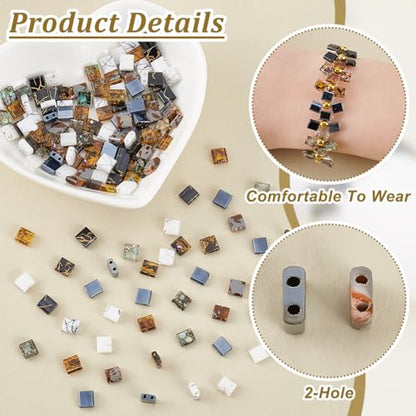 PH PandaHall 160pcs 8 Colors Tila Beads, 2 Hole Seed Beads Coffee Color Flat Craft Japanese Glass Loose Bead Square Spacer Bead for Stackable Jewelry Friendship Bracelet Necklace Earring Making