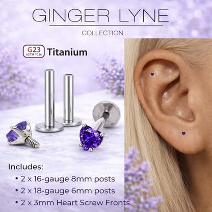 Titanium Heart CZ Labret Stud Earrings for Piercings by Ginger Lyne 6Pc Set G23 Screw Front Flat Back Body Jewelry 2 pair post 6mm, 8mm Cartilage, Helix, Tragus, Lip, Conch, Lobe - color: 3mm-DKPurple