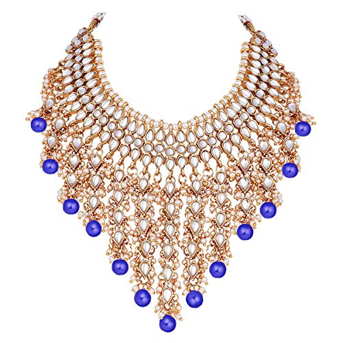 Aheli Elegant Indian Wedding Wear Faux Kundan Studded Choker Necklace with Maang Tikka Set Ethnic Fashion Jewelry for Women Maroon Kundan & Pearl Drop - color: Blue