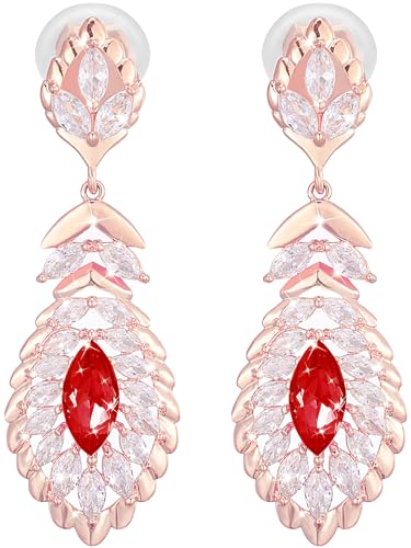 Clip On Crystal Dangle Non Pierced Earrings for Women 14K Gold Plated Jewelry - color: Jan-Garnet-Rose Gold
