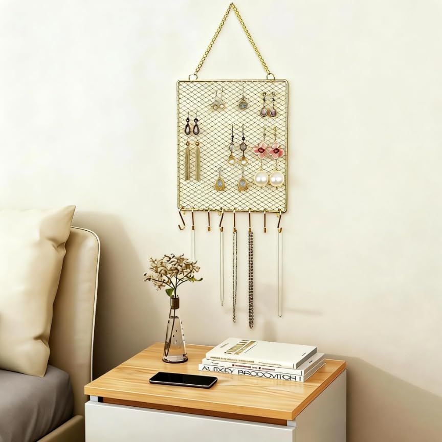Heshouer Rectangular Earring Wall Holder, Gold. | Wall Mounted, 8 Hooks & Small Grid, For Earrings Necklace, Decorative, For Bedroom Closet Home Decor - size: Rectangular
