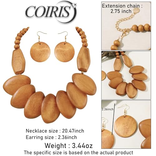 Coiris Chunky Wooden Necklace and Earring Set for Women Boho Statement Jewelry Ethnic Accessories - color: Wood