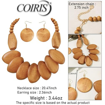Coiris Chunky Wooden Necklace and Earring Set for Women Boho Statement Jewelry Ethnic Accessories - color: Wood