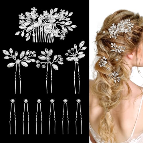 10 Pieces Crystal Bride Hair Accessories and Earrings.Sliver Wedding Hair Pins with Rhinestones for Bride Bridesmaids Women Girls. - color: Style6