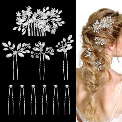 10 Pieces Crystal Bride Hair Accessories and Earrings.Sliver Wedding Hair Pins with Rhinestones for Bride Bridesmaids Women Girls. - color: Style6