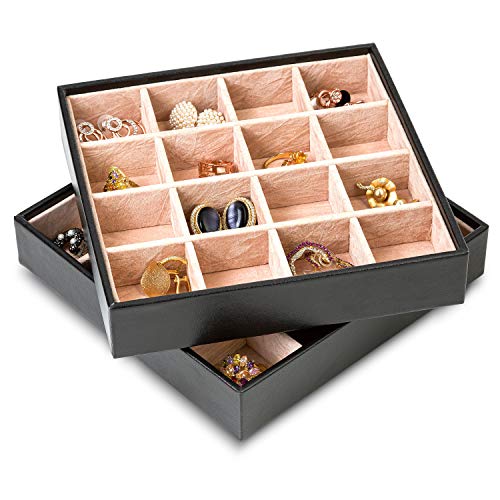 Glenor Co Earring Organizer Tray - Set of 2 - Stackable 32 Slots Jewelry Storage Trays - Display on Dresser or Drawer - Compatible with Other Trays - Black - size: Square - 16 Slot x 2