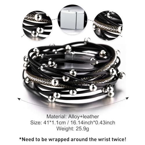 Fesciory Leather Wrap Bracelets for Women, Boho Western Layered Jewelry | Layered leather cuff bracelets, Easy on and off, Boho western style, Daily wear, Gift for women - color: Black 2