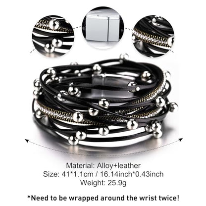 Fesciory Leather Wrap Bracelets for Women, Boho Western Layered Jewelry | Layered leather cuff bracelets, Easy on and off, Boho western style, Daily wear, Gift for women - color: Black 2