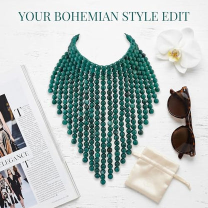 Coiris Boho African Wooden or Acrylic Beaded Bib Statement Necklace Strands Layered Cluster Chunky Collar Choker Wood Necklace for Women Fashion Costume Jewelry - color: Teal
