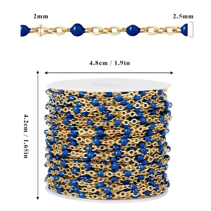 33FT 2mm Gold Cable Chains Navy Blue Enamel Chains Bulk for Jewelry Making | 18K Gold PVD Plated Stainless Steel Enamel Beaded Chains Roll for Necklace Bracelet - color: Gold Navy Blue Beads