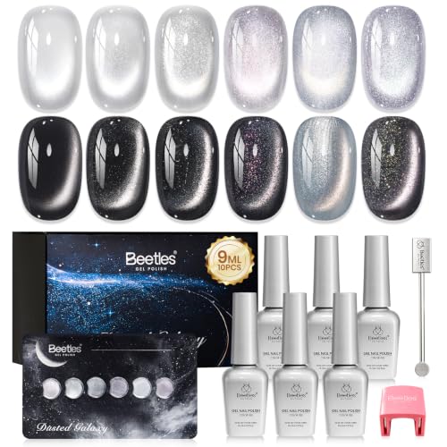 Beetles Silver Cat Eye Gel Nail Polish Set, Dusted Galaxy 6 Colors Magnetic Glass, Crystal, Pearl, Reflective & Glitter Silver Cat Eye Gel Polish Set with 2 Magnets, DIY Color Card for UV - color: A - Silver Cat Eye | Dusted Galaxy
