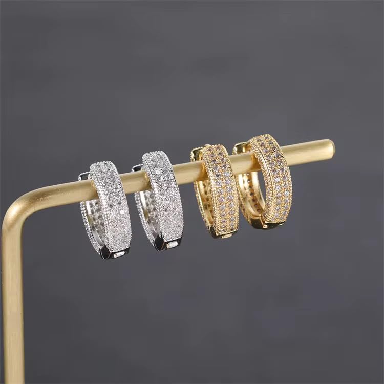 Iced Out Huggie Hoop Earrings for Men and Women, CZ Diamond Earrings, Stainless Steel Hypoallergenic Hinged Hoop Earrings - color: Silver