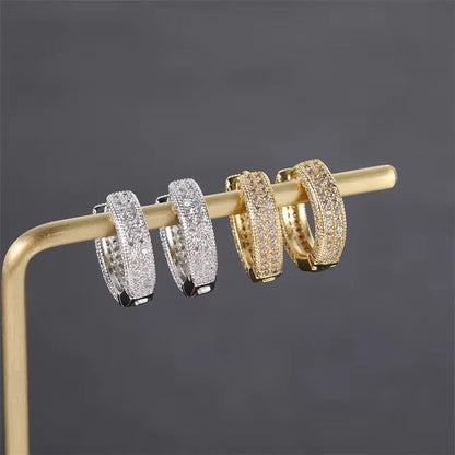 Iced Out Huggie Hoop Earrings for Men and Women, CZ Diamond Earrings, Stainless Steel Hypoallergenic Hinged Hoop Earrings - color: Gold