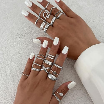 Gold Rings for Women Non Tarnish Stackable Rhinestone Moon Star Rings Dainty Stacking Pearl Butterfly Midi Pinky Thumb Joint Finger Knuckle Ring Set Gold Non Tarnish Jewelry Gifts Trendy Stuff - color: F Silver Stackable Rings 24Pcs