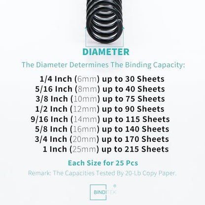 Binditek Plastic Spiral Binding Coils, Multi Size 4:1 Pitch, Black 200Pack | 8 Different Sizes (6 mm,8 mm,10 mm,12 mm,14 mm,16 mm,20 mm,25 mm), 48 Loops, for Letter-Size School and Office Projects - size: Multi Size , 4:1pitch, style: 200P , Black