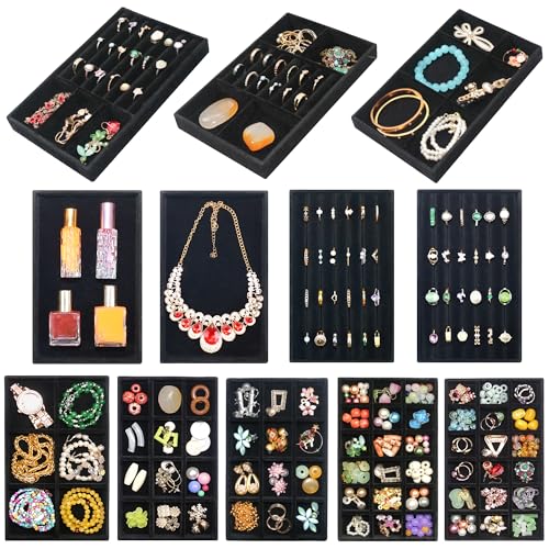 12 Pcs Velvet Jewelry Tray Stackable Jewellery Organier Trays Earrings Necklace Rings Storage Box Jewelry Drawer Display Case for Bracelet Earring Watch Accessories with Removable Dividers, Black