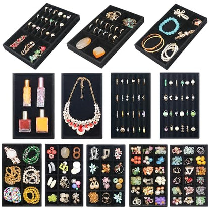 12 Pcs Velvet Jewelry Tray Stackable Jewellery Organier Trays Earrings Necklace Rings Storage Box Jewelry Drawer Display Case for Bracelet Earring Watch Accessories with Removable Dividers, Black