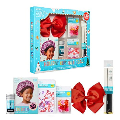KISS Colors & Care Holiday Hair Goals Kids Hair Styling Gift Set, 12 Pc. Butterfly Claw Clips, 60 Pc. Pink Hair Beads, Wideband Satin Bonnet, Jumbo Bow Hair Clip, Hair Wax Stick, Parting Pintail Comb