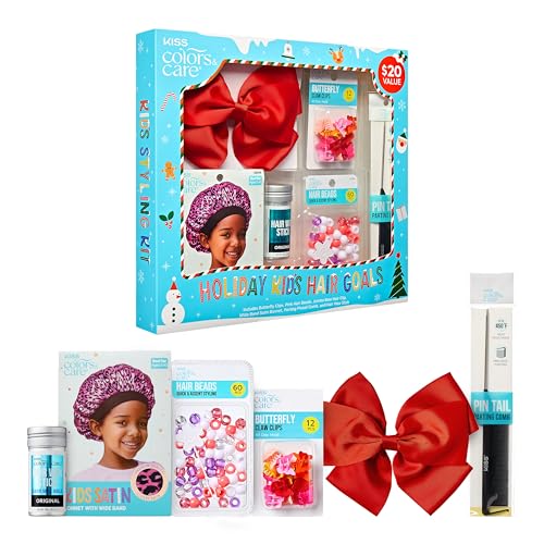 KISS Colors & Care Holiday Hair Goals Kids Hair Styling Gift Set, 12 Pc. Butterfly Claw Clips, 60 Pc. Pink Hair Beads, Wideband Satin Bonnet, Jumbo Bow Hair Clip, Hair Wax Stick, Parting Pintail Comb
