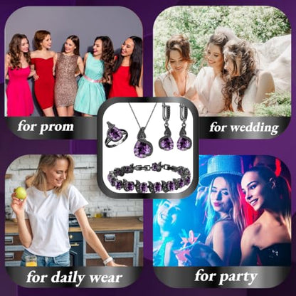 Jewelry Set for Women Teardrop Earrings Necklace Ring Bracelet Set Party Wedding Jewelry Gift for Mother Wife Friend - color: Black Gun-Purple