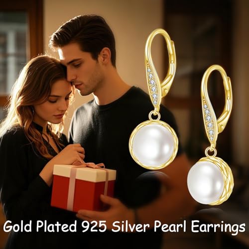 925 Sterling Silver 8mm Pearl Dangle Drop Earrings Moonstone Larimar Opal Rose Quartz Black Pearl Leverback Earrings for Women Christmas Gifts for Her - style: Gold Plated Pearl Earrings