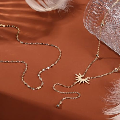 Dochais Dainty Gold Layered Necklace for Women, 14K Gold Plated Y Necklace & Chain, Dainty Lariat Long Necklaces, Trendy Cubic Zirconia Choker, Sun, Heart, Pearl & Cross Pendant Necklace, Jewelry Gift - color: Y Layered CZ Drop Glossy Sun Lariat-GD