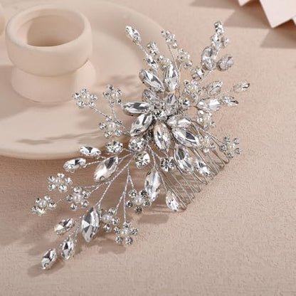 Teyglen Silver Wedding Rhinestone Hair Comb with Pearl Crystal Flower Hair Side Comb Bridal Crystal Headpiece Handmade Rhinestone Hair Piece Flower Hair Accessories for Women (Silver) - color: Silver