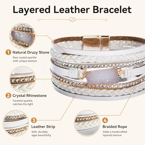 Vercret Leather Wrap Bracelet for Women, Multi-Layer Cuff Bangle | Boho Stacked Bracelets with Safe Clasp Western Bangle Jewelry Gift for Lady and Mom Sister Friend - style: Druzy White