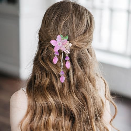 A Pair Wedding Hair Clips, Handmade Floral Design Crystal Hair Clips Pearl Barrettes, Rhinestones Flower Clips Pearl Headpieces Hair Pins Hair Accessories for Women Girls (Purple&Green) - color: Purple&Green