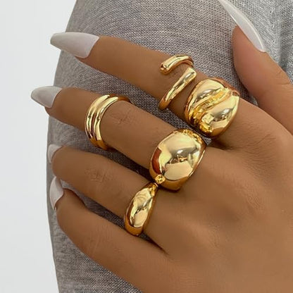 Chunky Rings for Women Non Tarnish 14k Stackable Dome Statement Rings Sets Vintage Dainty Knuckle Open Midi Finger Rings Jewelry Pack Gifts - style: 5PCS-2