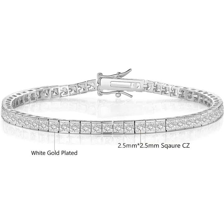 Square Cubic Zirconia Tennis Bracelet for Women, 2.5mm Thin 2.5 * 2.5mm Square Cut 18K Yellow Gold/White Gold Plated Elegant Everyday Jewelry Gift - color: 2.5 * 2.5mm Square Bracelet-White Gold, size: 7.5 inch