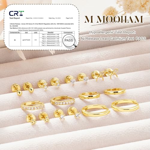 M MOOHAM 9 Pairs Flat Back Earring Stack Set for Women Teen Girls | Hypoallergenic Earrings, 14K Gold Plated Huggie Hoop Stud Earring, Small Cute Bow Cartilage Earrings, Trendy Jewelry Gifts - color: 14K Gold Plated